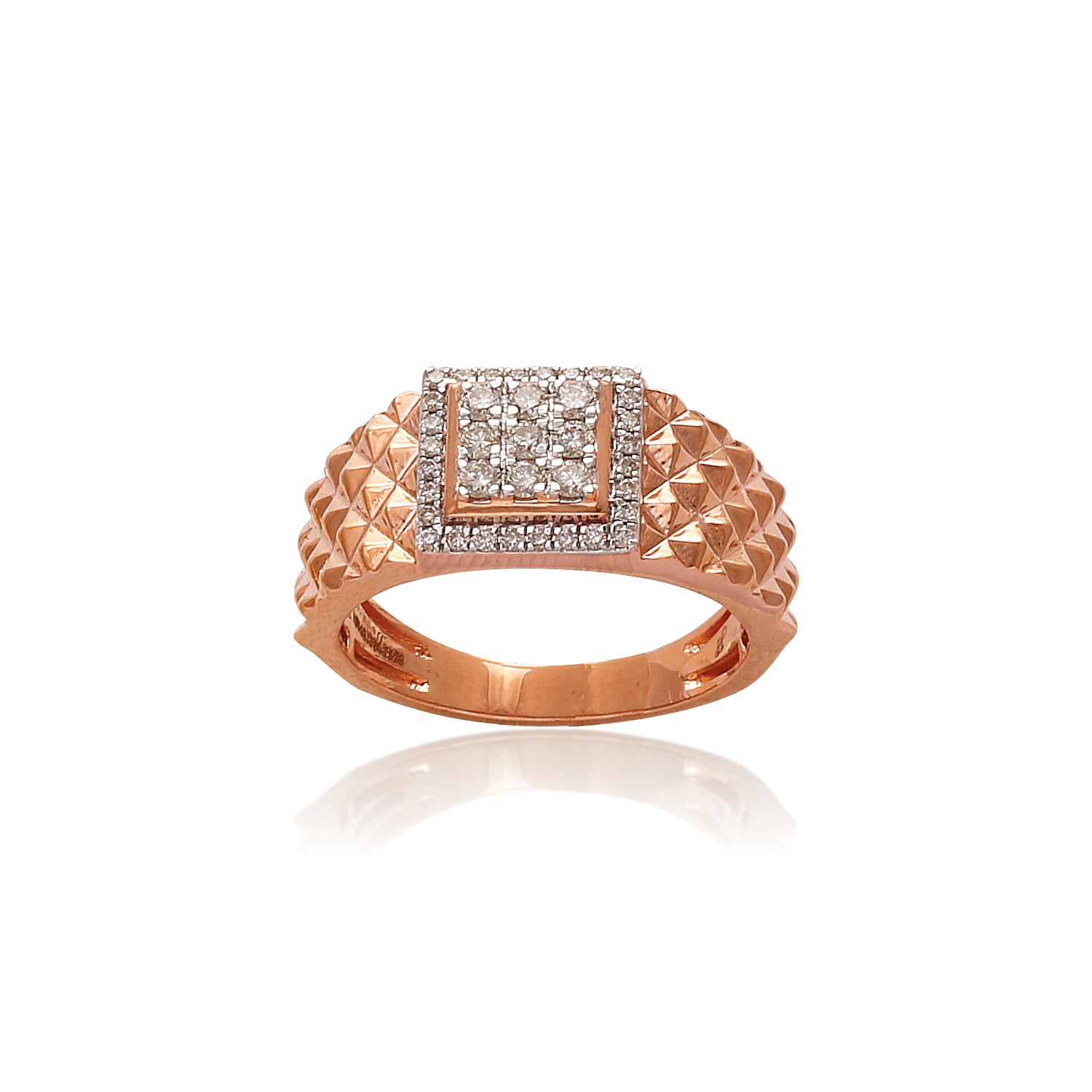 Bold rose gold ring with a textured pyramid-pattern band and a square diamond cluster centerpiece. A striking statement piece by jnjbymadhuri, blending modern elegance with standout style.