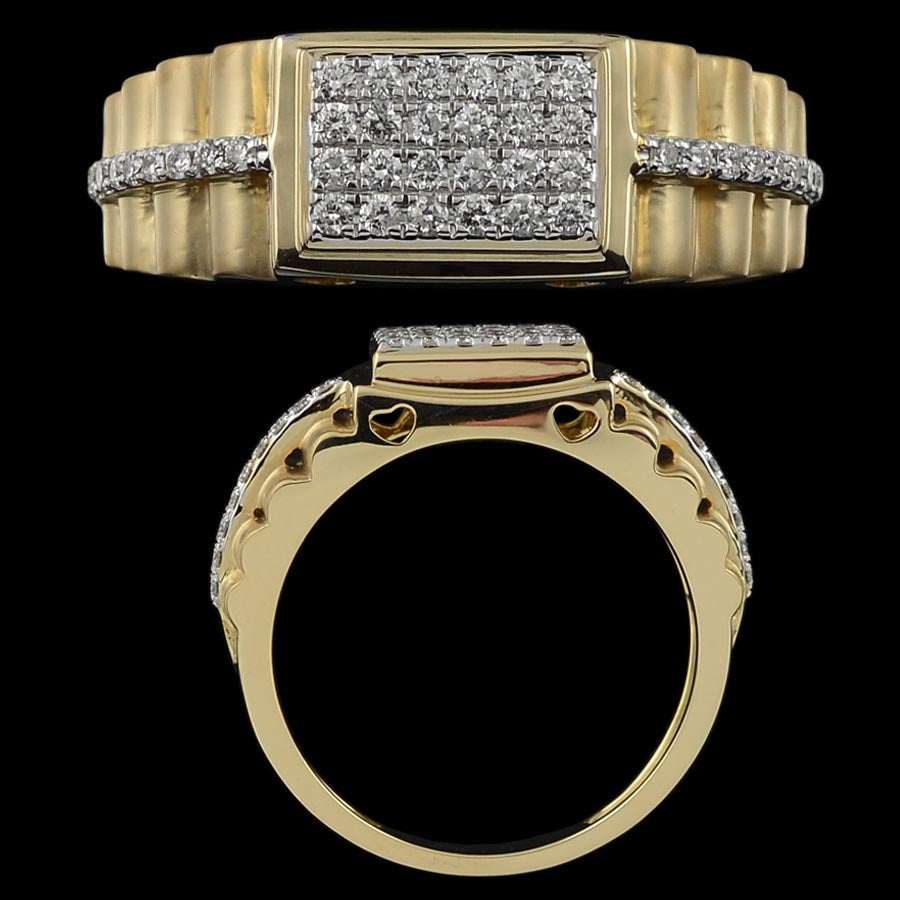 This bold gold ring by jnjbymadhuri features a prominent rectangular diamond-studded face with ridged shoulders, exuding power and luxury in every angle.