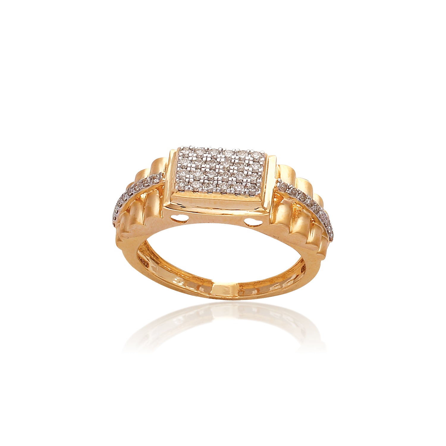 Bold and modern, this gold ring by jnjbymadhuri showcases a rectangular diamond cluster centerpiece flanked by sleek geometric detailing for a striking statement.