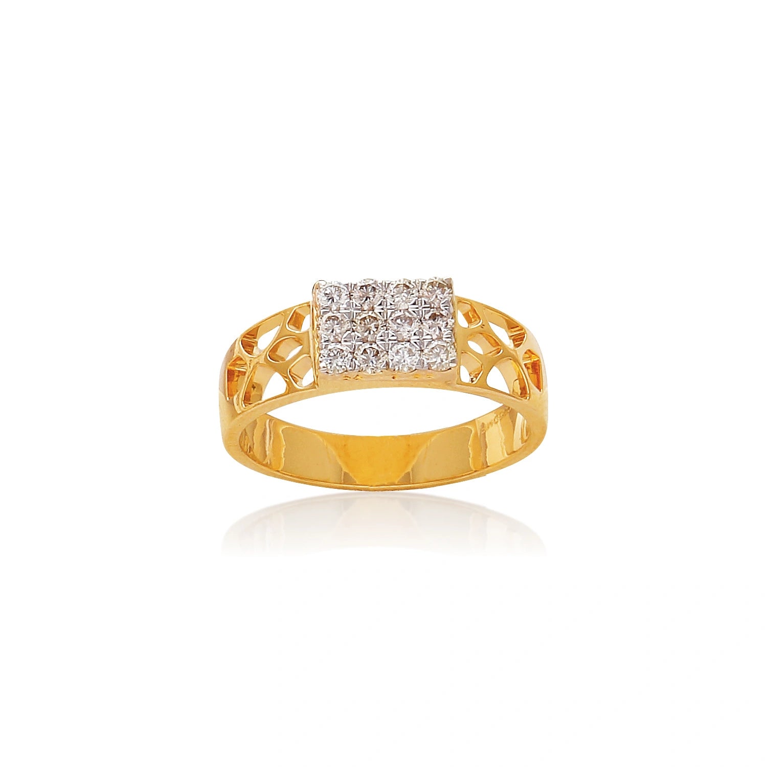 Gold ring with a lattice-style band and a rectangular cluster of white diamonds on top, displayed on a white background.