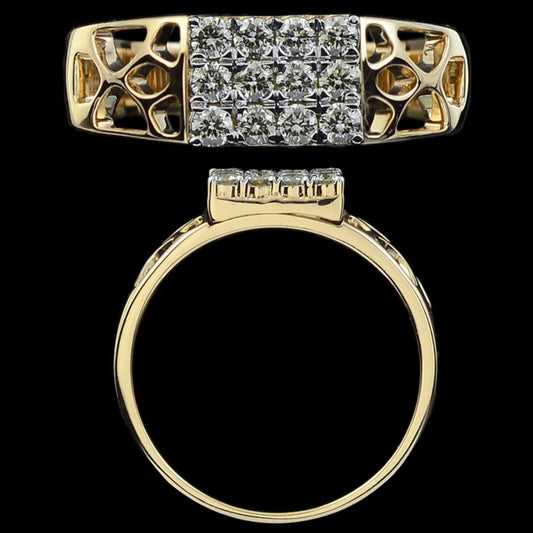 Gold ring with a rectangular cluster of white diamonds on top and a filigree-style band, shown from the top and side views against a black background.
