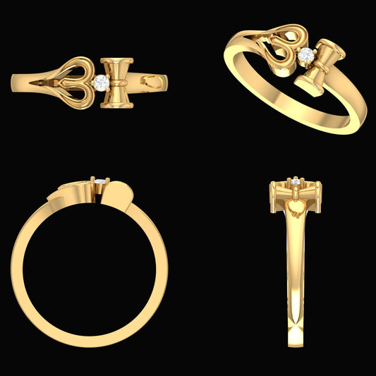 This gold ring design is both artistic and symbolic, featuring a heart-shaped motif paired with a vertical bar and a central diamond accent. Its unique construction and multiple-view presentation highlight the fine craftsmanship—another distinctive piece from jnjbymadhuri.