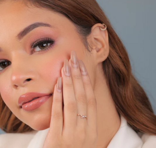 This image showcases the rose gold ring worn elegantly on the hand, emphasizing its delicate design and minimal sparkle. The styling highlights how the ring complements a refined, modern look—an ideal piece for everyday sophistication from jnjbymadhuri.