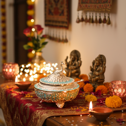 Decorative table setting with a lit oil lamp, flowers, and statues in a warm indoor setting.