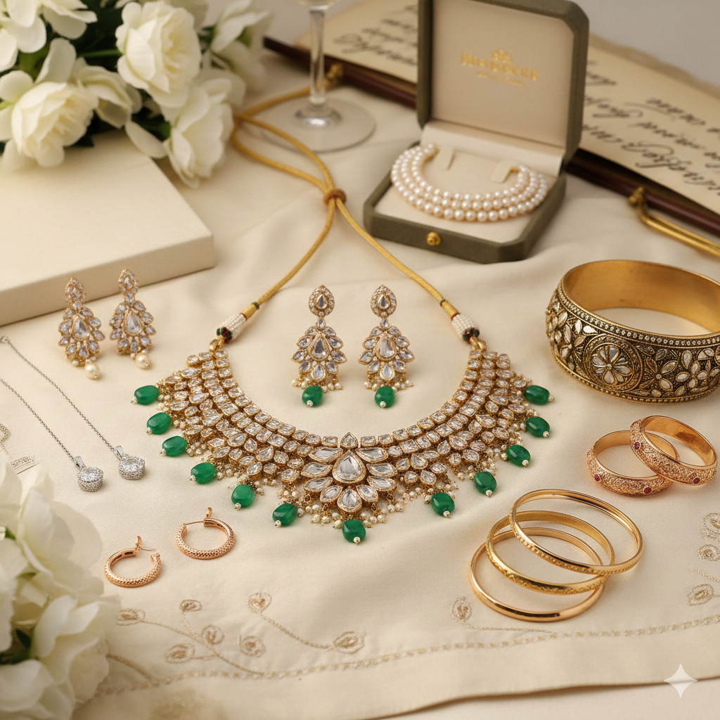 Exquisite bridal jewellery from the JNJ By Madhuri Wedding Gift Collection: a gold and uncut diamond (Polki) necklace with emerald drops, matching earrings, pearl bracelets, and gold bangles, beautifully set for an heirloom look