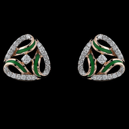 Elegant tricolor stud earrings featuring green and white enamel accents with a sparkling central stone. A graceful designer touch by jnjbymadhuri.
