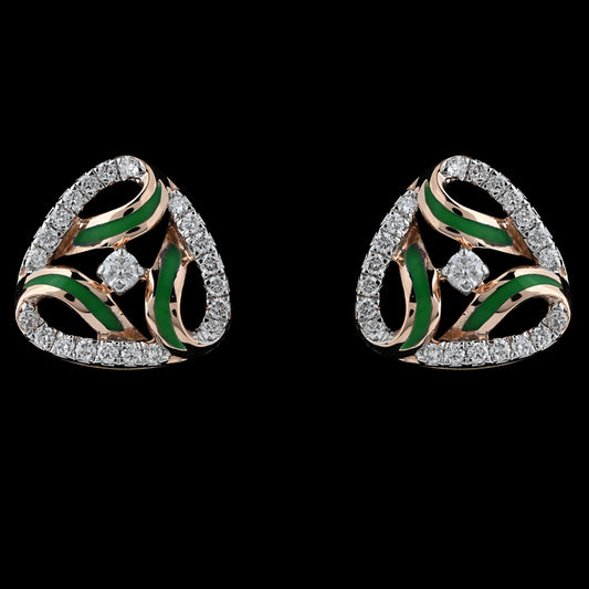 Elegant tricolor stud earrings featuring green and white enamel accents with a sparkling central stone. A graceful designer touch by jnjbymadhuri.
