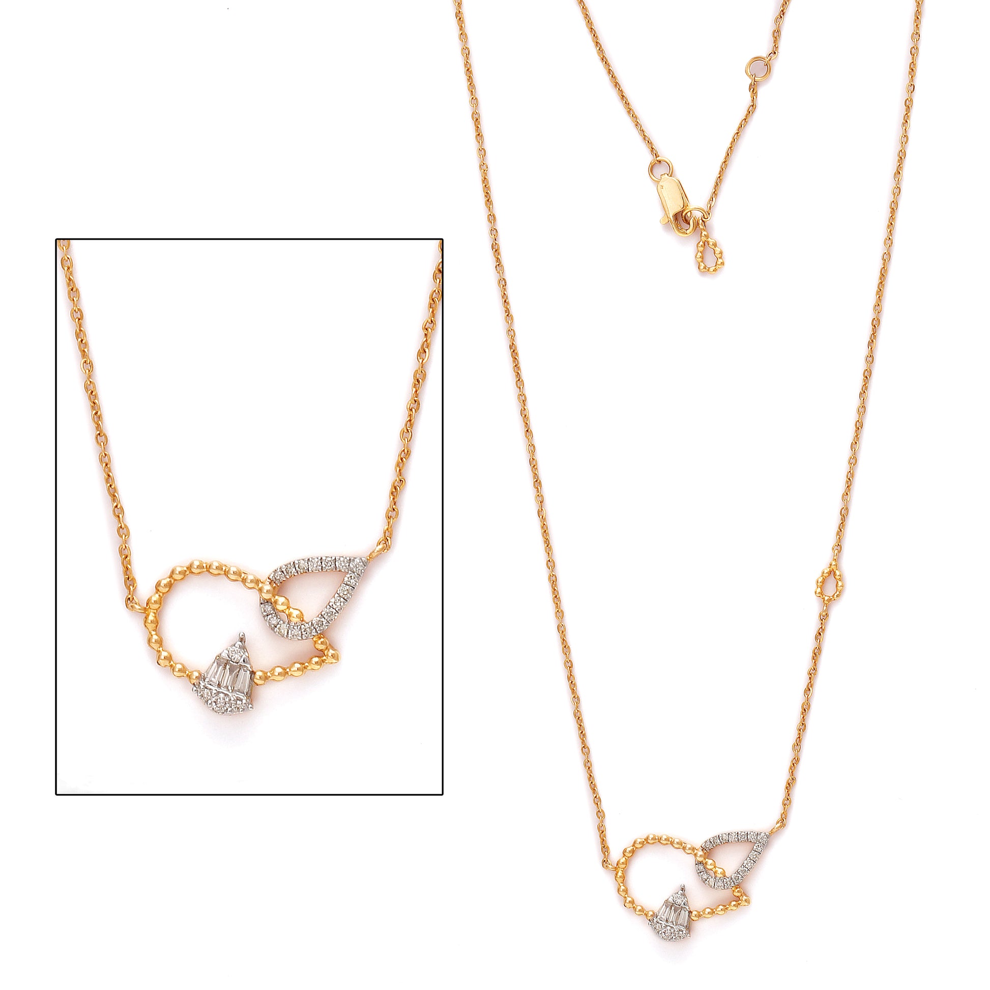 Charming gold-toned necklace featuring intertwined heart and teardrop motifs adorned with shimmering stones. Celebrate love and elegance with the unique charm of jnjbymadhuri.
