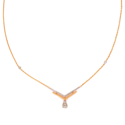 Minimalist gold chain mangalsutra featuring a delicate V-shaped diamond pendant with a teardrop charm. Perfect blend of tradition and elegance by jnjbymadhuri.
