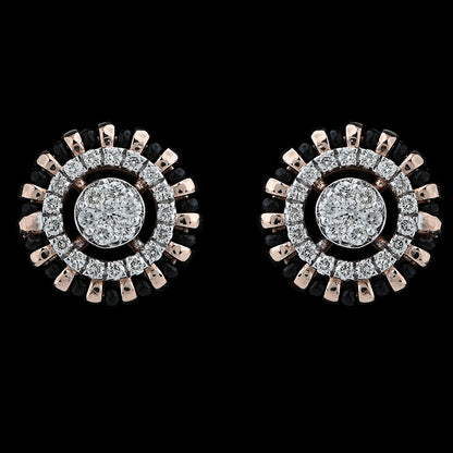 Elegant circular earrings with concentric diamond-studded rings and a bold rose gold frame. Timeless sophistication crafted by jnjbymadhuri.
