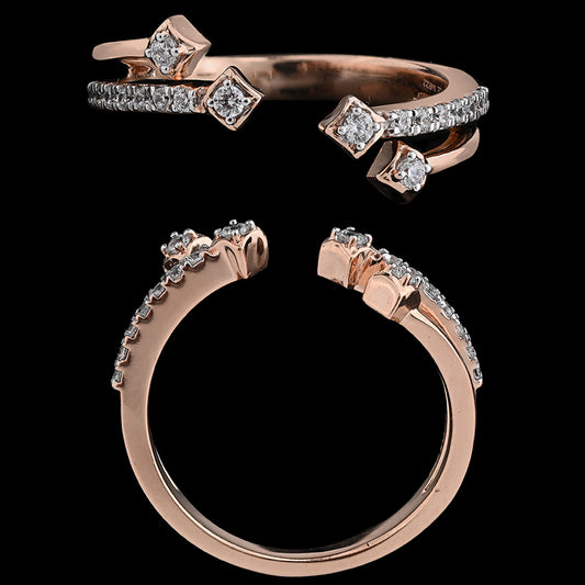 This stylish rose gold ring showcases a split-band design with square diamond accents and a delicate pave setting. A chic, contemporary creation by jnjbymadhuri.
