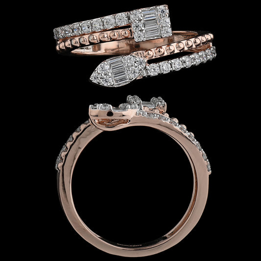 Elegant rose gold ring with a unique twin-head design, showcasing rectangular and marquise diamond clusters for a modern twist. A luxurious statement piece by jnjbymadhuri.
