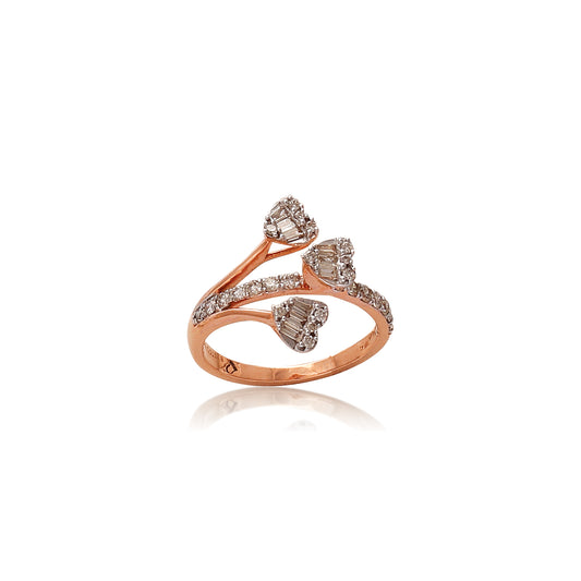 Rose gold ring featuring three heart-shaped diamond clusters on an elegant bypass band, exuding charm and sparkle. A graceful creation by jnjbymadhuri.
