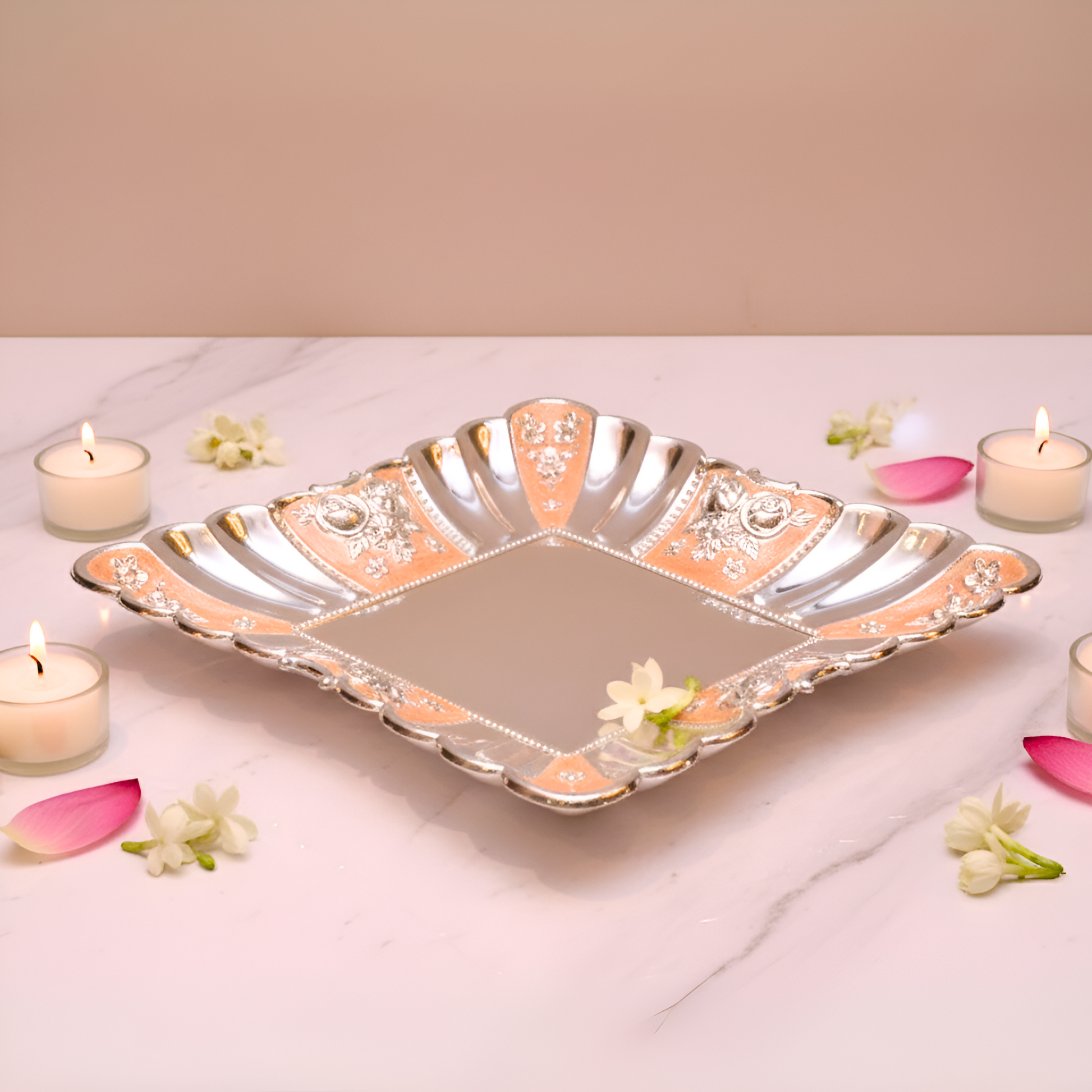 Silver Tray with an elegant polished finish, crafted for pooja rituals, festive serving, luxury home décor, and premium gifting, designed to add timeless sophistication by JNJ by Madhuri.