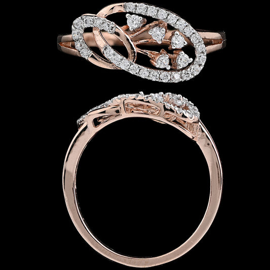 This elegant rose gold ring features overlapping oval loops studded with diamonds and delicate heart-shaped stones, exuding romantic charm. A stunning design by jnjbymadhuri, perfect for adding sparkle to any moment.