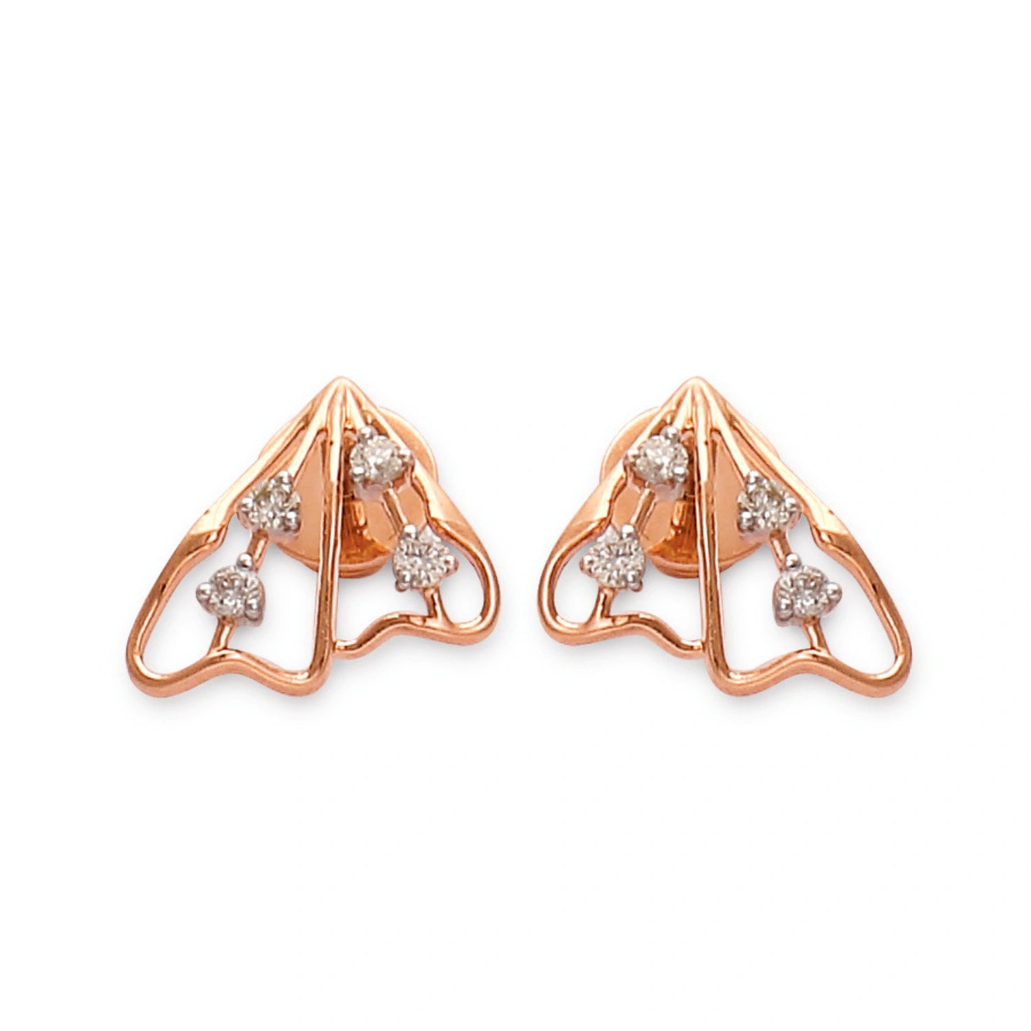 These elegant rose gold earrings by jnjbymadhuri feature a modern triangular design adorned with sparkling diamonds, combining geometric sophistication with timeless charm for a chic, minimal statement.
