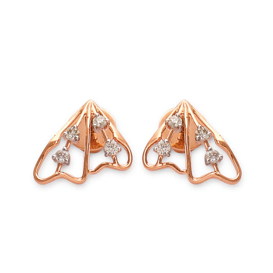 These elegant rose gold earrings by jnjbymadhuri feature a modern triangular design adorned with sparkling diamonds, combining geometric sophistication with timeless charm for a chic, minimal statement.
