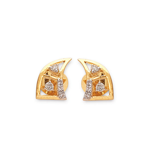 geometric gold and diamond stud earrings by jnjbymadhuri, featuring angular crescent-like shapes with diamond accents set in yellow gold, displayed on a white background.
