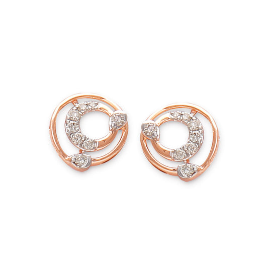 "Elegant round rose gold earrings featuring intertwined open-circle designs adorned with sparkling diamonds, displayed on a white background by jnjbymadhuri."
