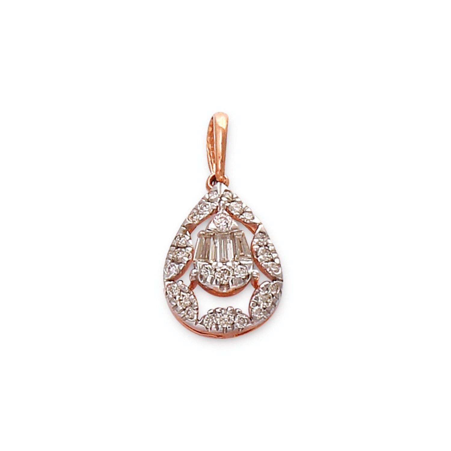 Rose gold teardrop pendant adorned with baguette and round-cut diamonds, crafted by jnjbymadhuri, displayed on a white background.
