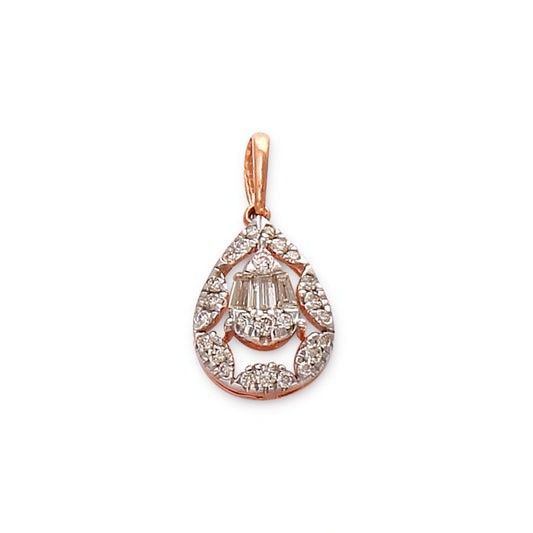 Rose gold teardrop pendant adorned with baguette and round-cut diamonds, crafted by jnjbymadhuri, displayed on a white background.
