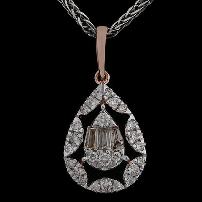Close-up view of a teardrop-shaped diamond pendant on a braided chain, featuring a rose gold setting with intricate baguette and round diamond arrangement.
