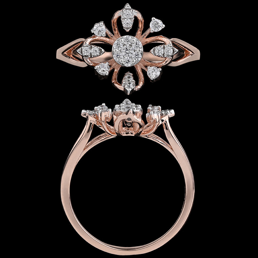 Rose gold ring by jnjbymadhuri showcasing a floral-inspired openwork design with round and pear-shaped diamonds, viewed from both the top and side angles against a black background.
