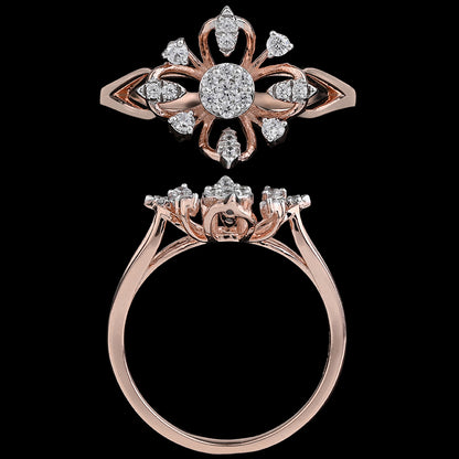 Rose gold ring by jnjbymadhuri showcasing a floral-inspired openwork design with round and pear-shaped diamonds, viewed from both the top and side angles against a black background.
