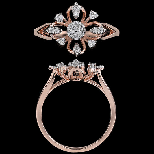 Rose gold ring by jnjbymadhuri showcasing a floral-inspired openwork design with round and pear-shaped diamonds, viewed from both the top and side angles against a black background.
