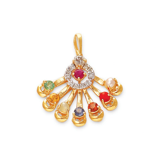 Radiant Navratna pendant by jnjbymadhuri, designed in a fan-shaped gold frame, featuring nine auspicious gemstones arranged in an elegant spread with a central ruby encircled by shimmering diamonds—merging traditional symbolism with a contemporary, graceful design.
