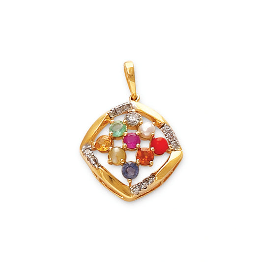 Close-up image of a vibrant Navratna pendant by jnjbymadhuri, featuring nine colorful gemstones elegantly set within a diamond-accented, square-shaped gold frame—symbolizing spiritual harmony, prosperity, and timeless beauty.
