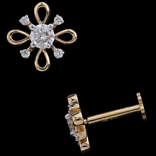 This elegant piece features a floral-inspired design with graceful gold loops and dazzling diamonds at each petal tip, centered by a brilliant round diamond. A refined and artistic earring from jnjbymadhuri, blending modern flair with classic charm.
