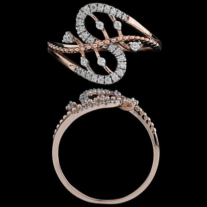 Elegant rose gold ring with an intricate S-shaped design encrusted with small diamonds, shown from top and side angles on a black background.
