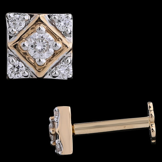 Elegant square-shaped gold stud earring featuring a central diamond surrounded by intricate design details. A timeless piece crafted by jnjbymadhuri.
