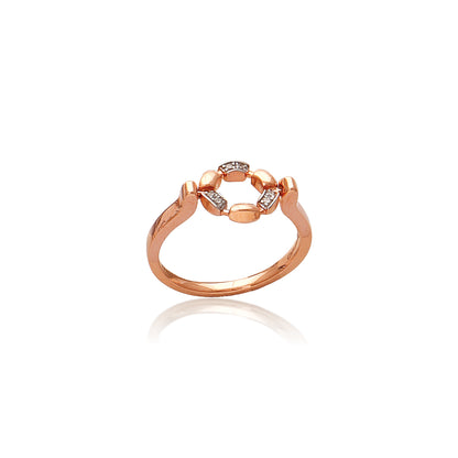 A delicate rose gold ring from jnjbymadhuri featuring a circular floral-inspired design with alternating marquise and round shapes, accented with subtle diamonds for a refined and elegant look.
