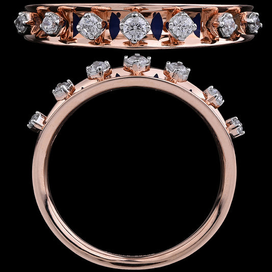 Elegant rose gold band by jnjbymadhuri featuring alternating round-cut diamonds and deep blue gemstones in a prong setting, shown from top and side views against a black background.
