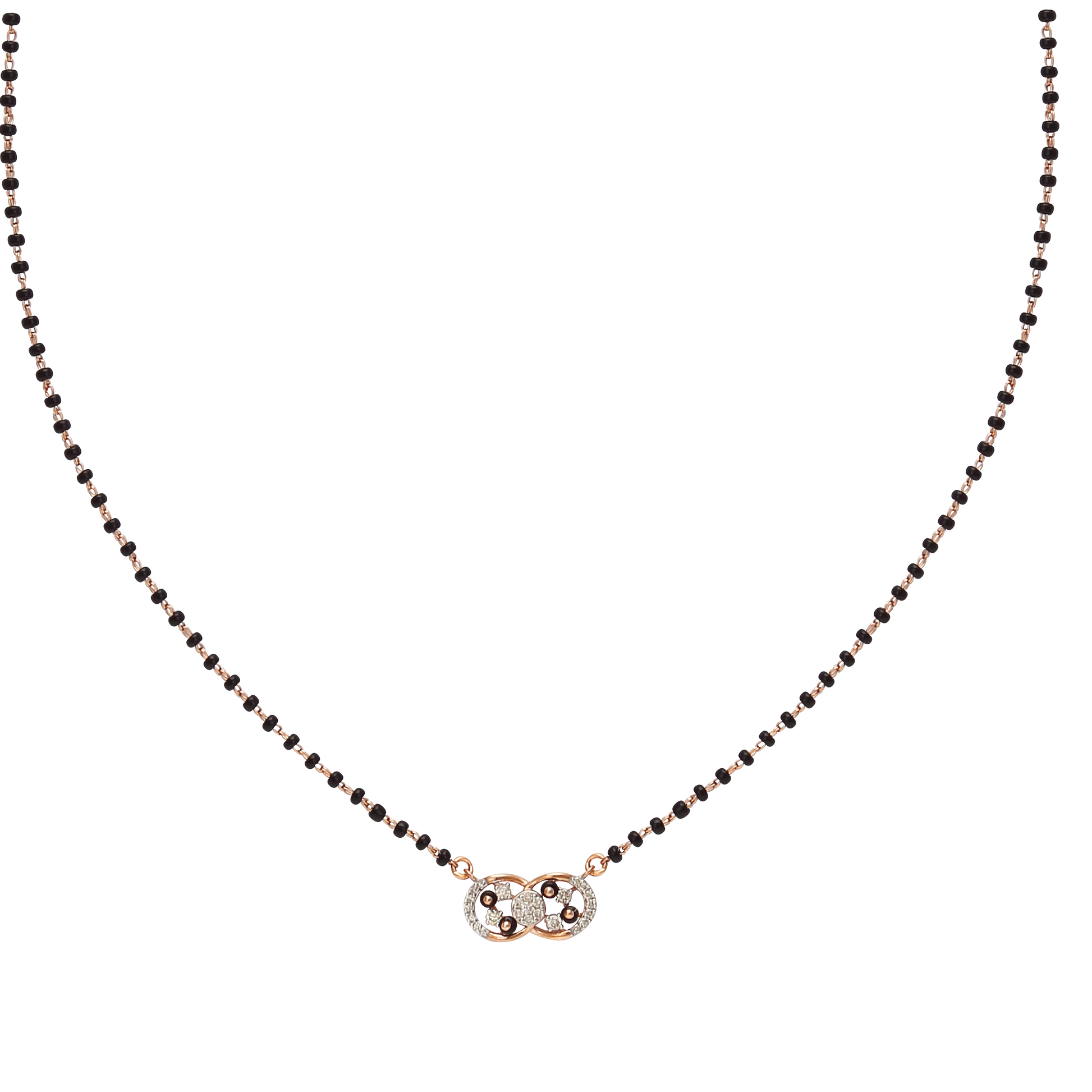 Delicate mangalsutra with a dual heart-shaped pendant encrusted with sparkling stones, strung on a black and gold beaded chain.
