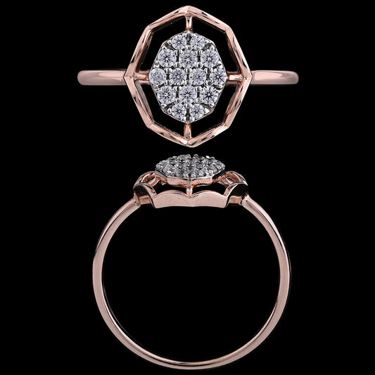 Rose gold ring with an intricate geometric halo holding a brilliant cluster of diamonds at the center. A bold yet elegant statement piece by jnjbymadhuri.
