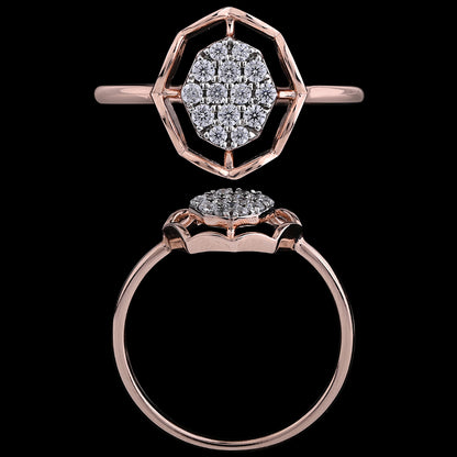 Rose gold ring with an intricate geometric halo holding a brilliant cluster of diamonds at the center. A bold yet elegant statement piece by jnjbymadhuri.
