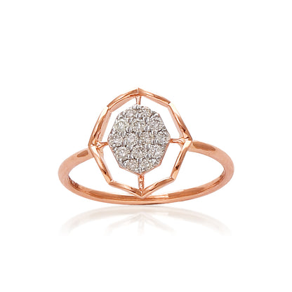 Delicate rose gold ring featuring a geometric frame with a sparkling diamond cluster centerpiece. A modern, minimalist design by jnjbymadhuri.
