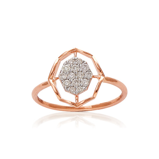 Delicate rose gold ring featuring a geometric frame with a sparkling diamond cluster centerpiece. A modern, minimalist design by jnjbymadhuri.
