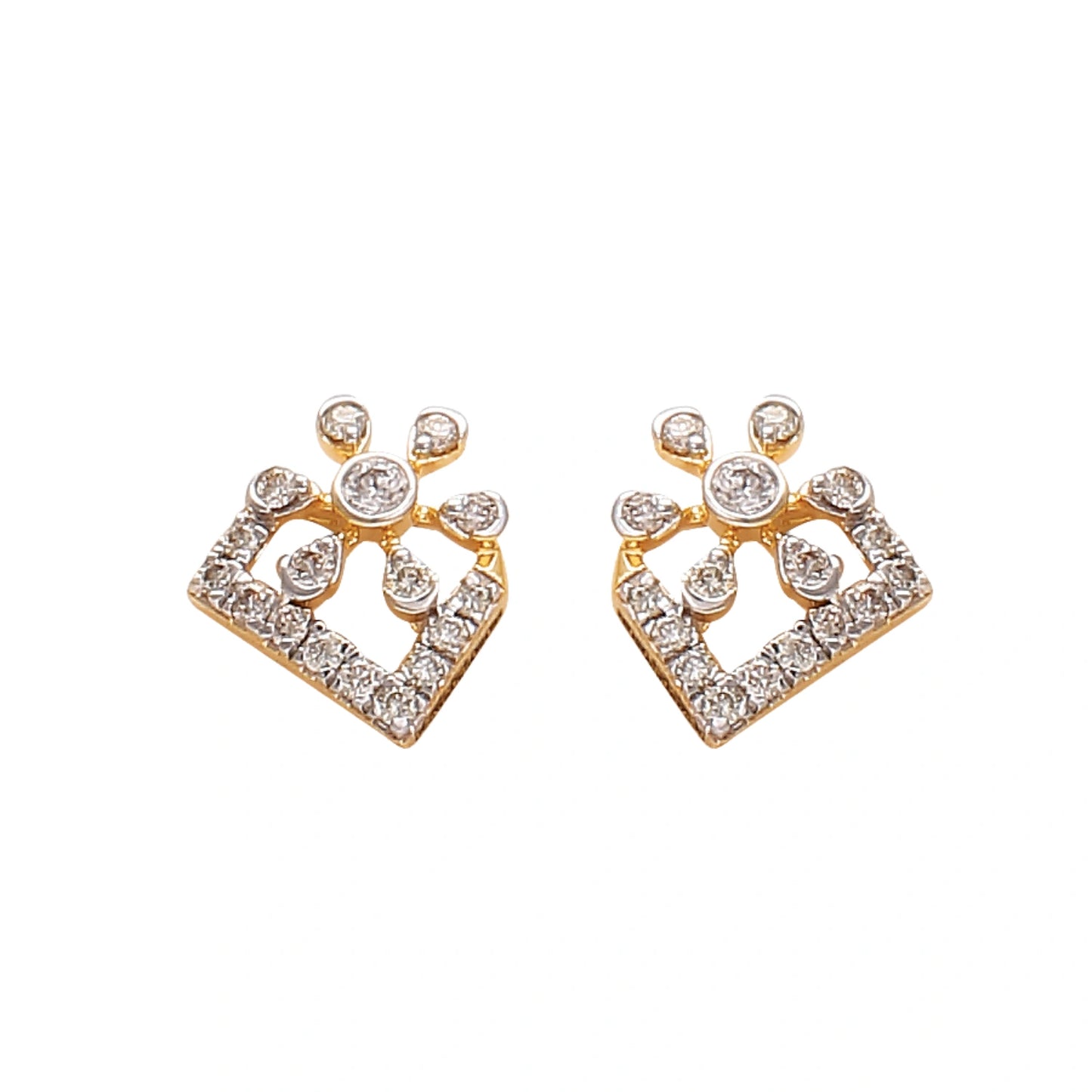 "Pair of modern geometric gold earrings featuring diamond embellishments in a rectangular and dot pattern, displayed on a white background by jnjbymadhuri."
