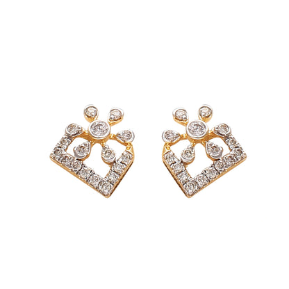 "Pair of modern geometric gold earrings featuring diamond embellishments in a rectangular and dot pattern, displayed on a white background by jnjbymadhuri."
