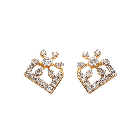 "Pair of modern geometric gold earrings featuring diamond embellishments in a rectangular and dot pattern, displayed on a white background by jnjbymadhuri."
