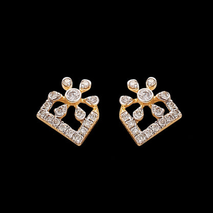 "Pair of contemporary gold earrings with diamond accents arranged in a rectangular and floral-dot pattern, displayed on a black background by jnjbymadhuri."
