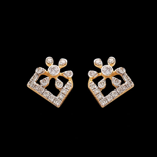 "Pair of contemporary gold earrings with diamond accents arranged in a rectangular and floral-dot pattern, displayed on a black background by jnjbymadhuri."

