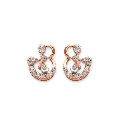 "Stylish rose gold earrings from jnjbymadhuri featuring a graceful abstract swirl design, encrusted with multiple round and teardrop-shaped white diamonds, displayed on a white background."
