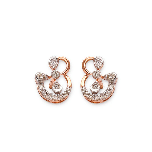 "Stylish rose gold earrings from jnjbymadhuri featuring a graceful abstract swirl design, encrusted with multiple round and teardrop-shaped white diamonds, displayed on a white background."
