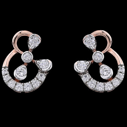 "Elegant rose gold earrings from jnjbymadhuri featuring an abstract ampersand-inspired design, adorned with sparkling round and teardrop-shaped diamonds, showcased on a black background."
