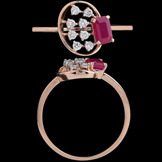 Elegant rose gold ring featuring a rectangular red gemstone set beside a circular cluster of small white diamonds arranged in a floral pattern, displayed with both top and side views on a black background.
